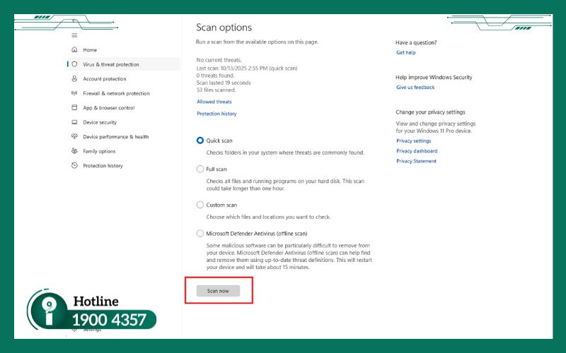 Chọn Scan now để tiến hành quét virus
