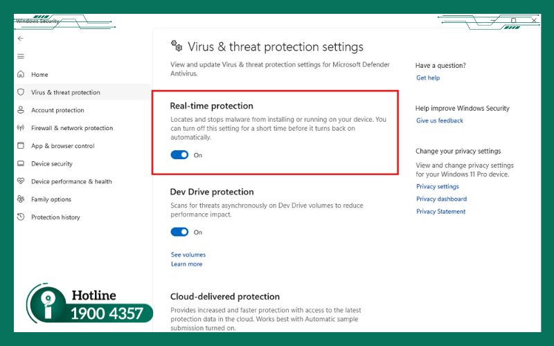 Bật tính năng Real-time Protection trong Windows Security