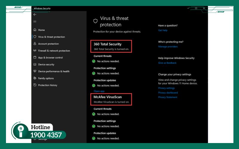Giao diện Windows Security hiển thị phần mềm diệt virus đang hoạt động trên Windows 10