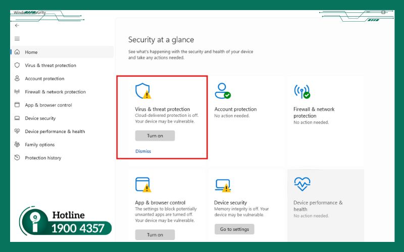 Giao diện chính Windows Security hiển thị mục Virus & threat protection