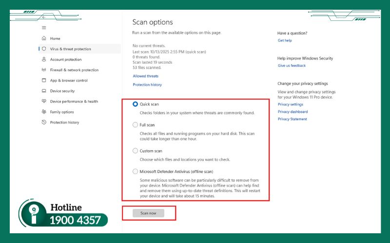 Nhấn Scan now để quét virus bằng Windows Security trên Win 10