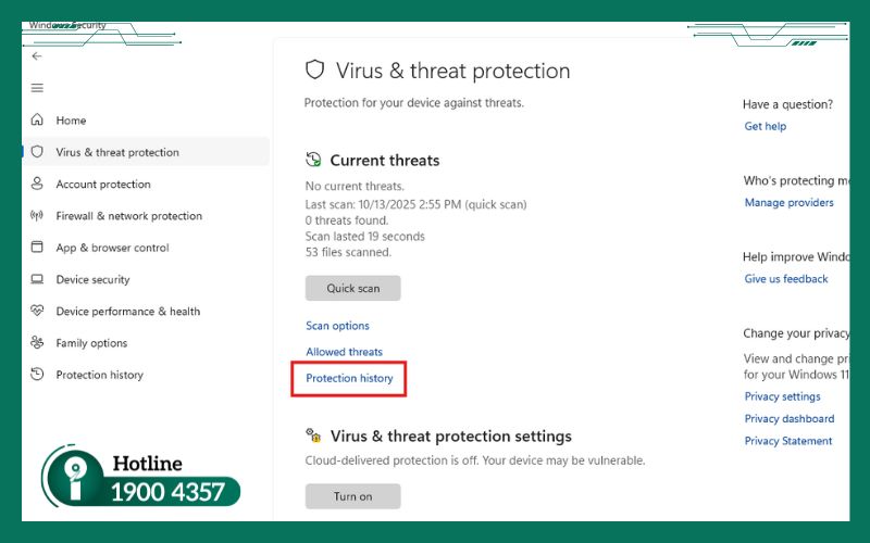 Mục Protection history trong Windows Security hiển thị các mối đe dọa đã phát hiện