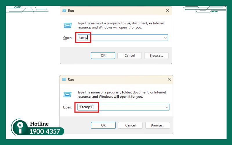 Truy cập thư mục temp và %temp% để xóa file rác, ngăn virus tự kích hoạt lại.
