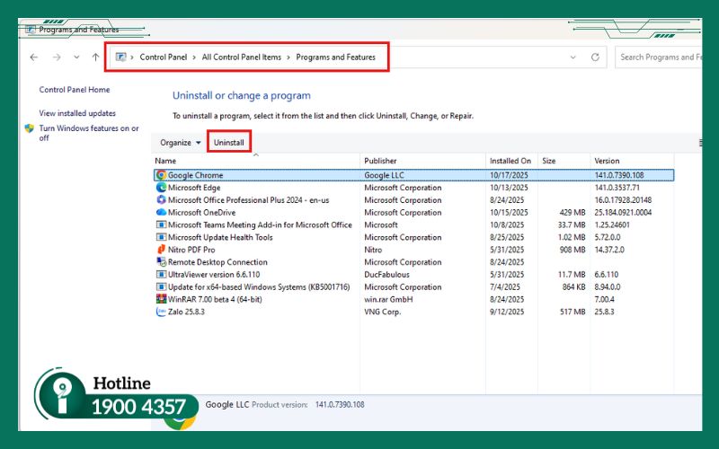 Giao diện Control Panel hiển thị danh sách chương trình trên Windows 10