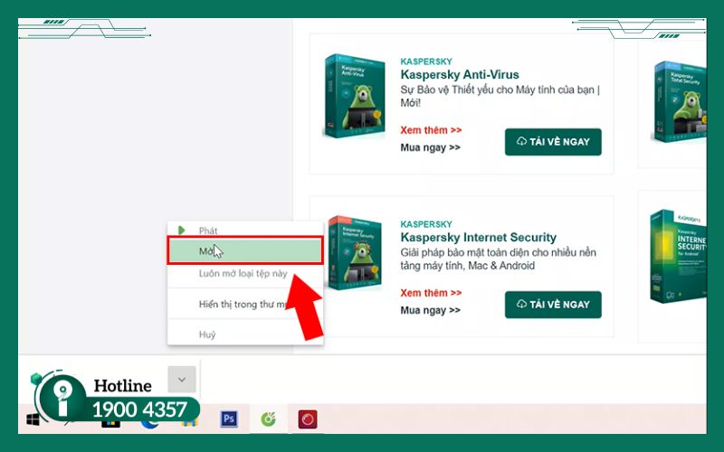 Mở phần mềm Kaspersky ở thanh Taskbar