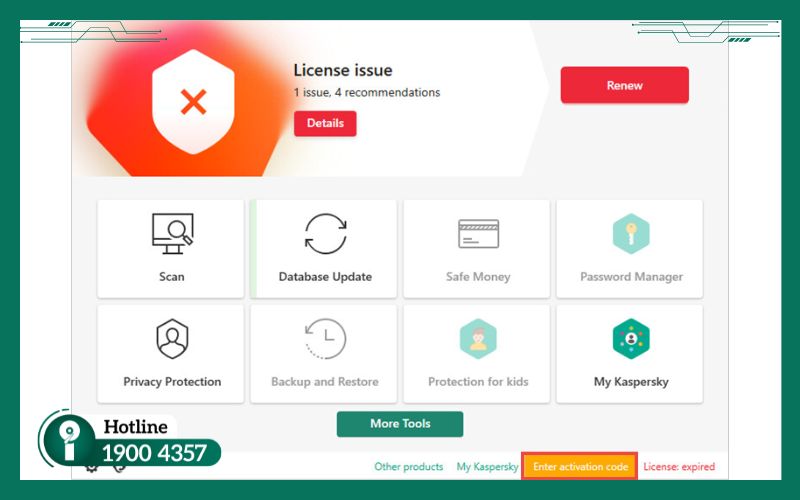 Nhấn chọn Enter activation code ở gốc dưới bên phải