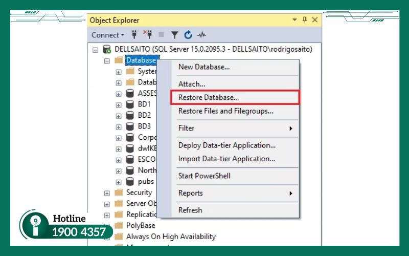 Chọn file backup để restore database