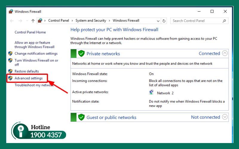 Truy cập Advanced settings của Windows Firewall