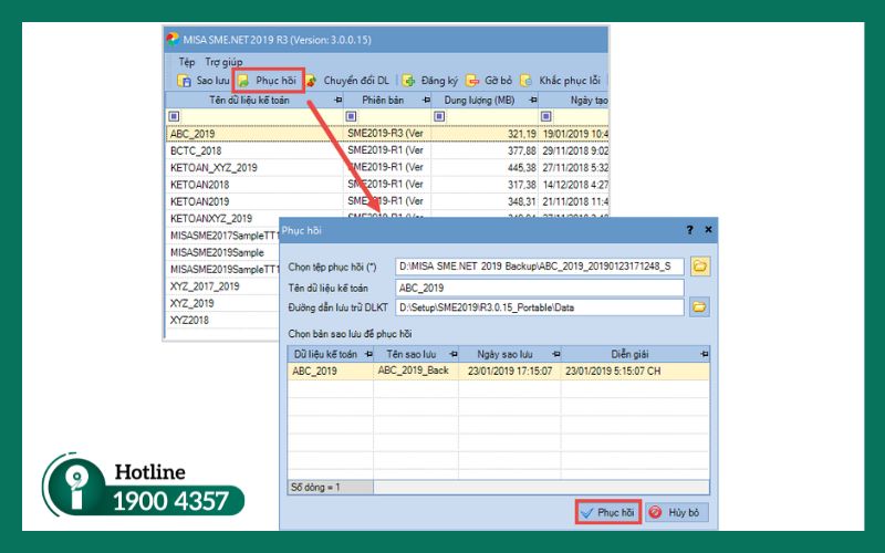 Thiết lập file sao lưu khi phục hồi dữ liệu MISA