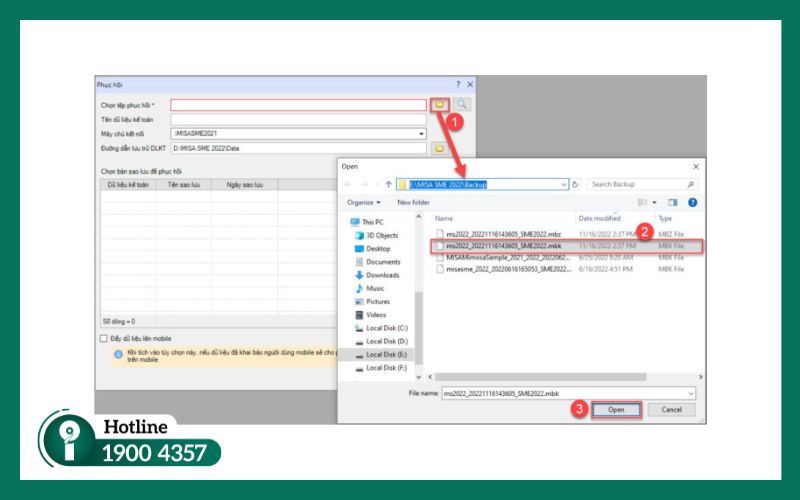 Chọn file sao lưu dữ liệu kế toán MISA