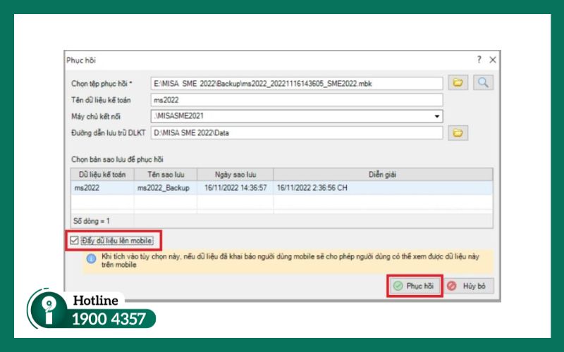 Cấu hình tùy chọn phục hồi dữ liệu trên MISA