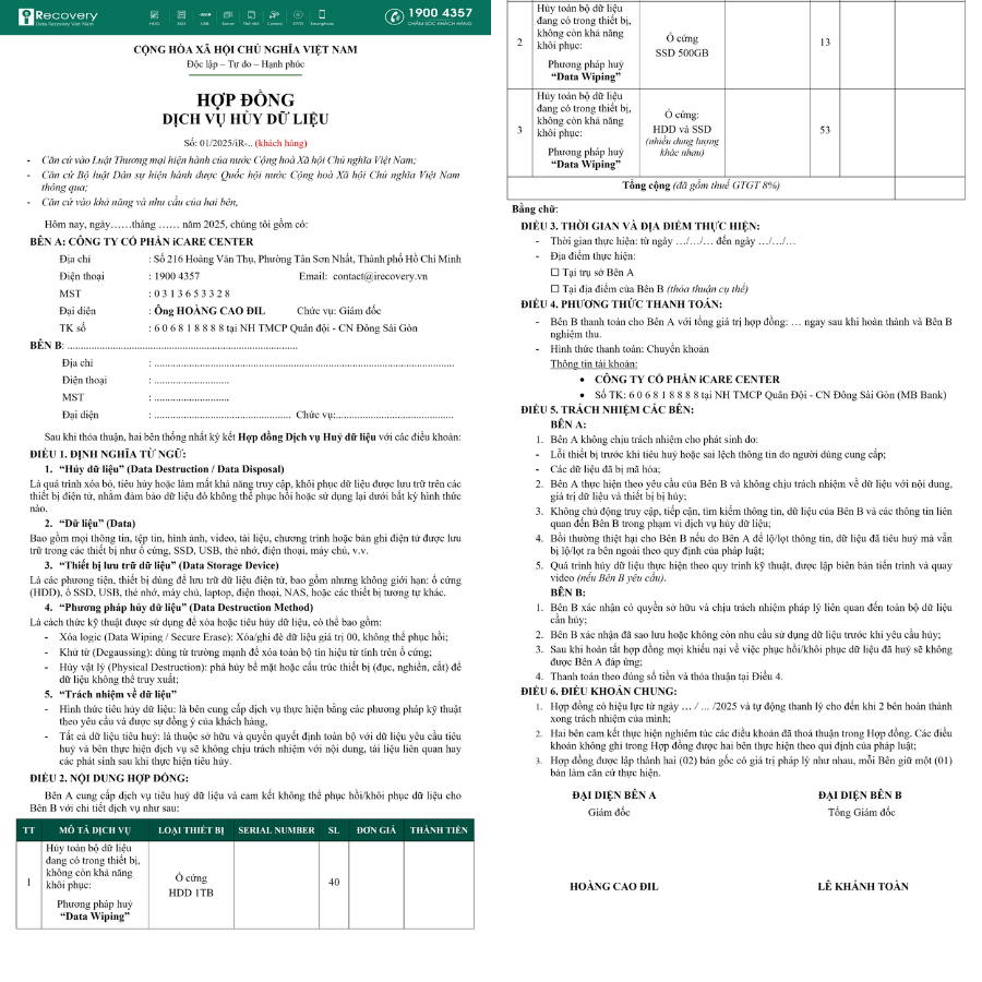 Hợp đồng dịch vụ hủy dữ liệu