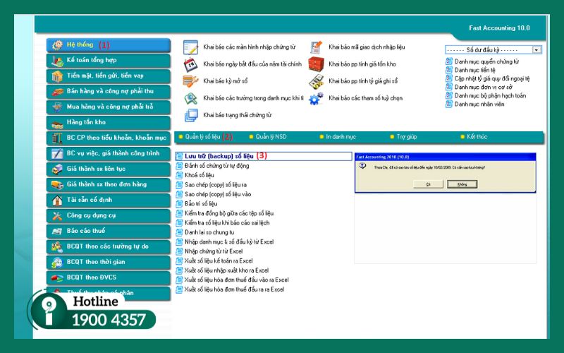 Thao tác chọn file backup và sử dụng tính năng Khôi phục số liệu trong phân hệ Hệ thống của FAST.